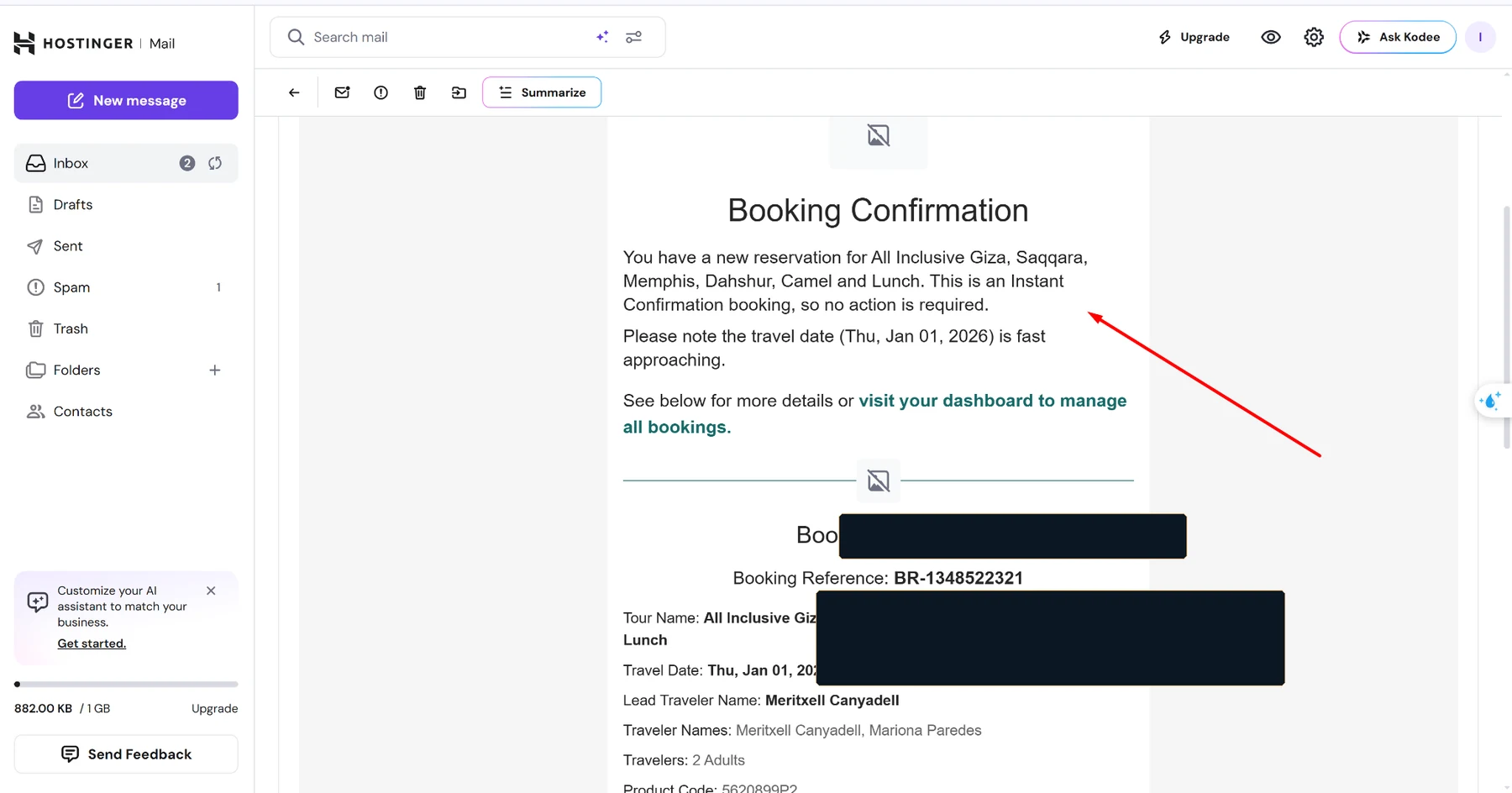 Pure Nile Tours Viator booking confirmation with personal data redacted