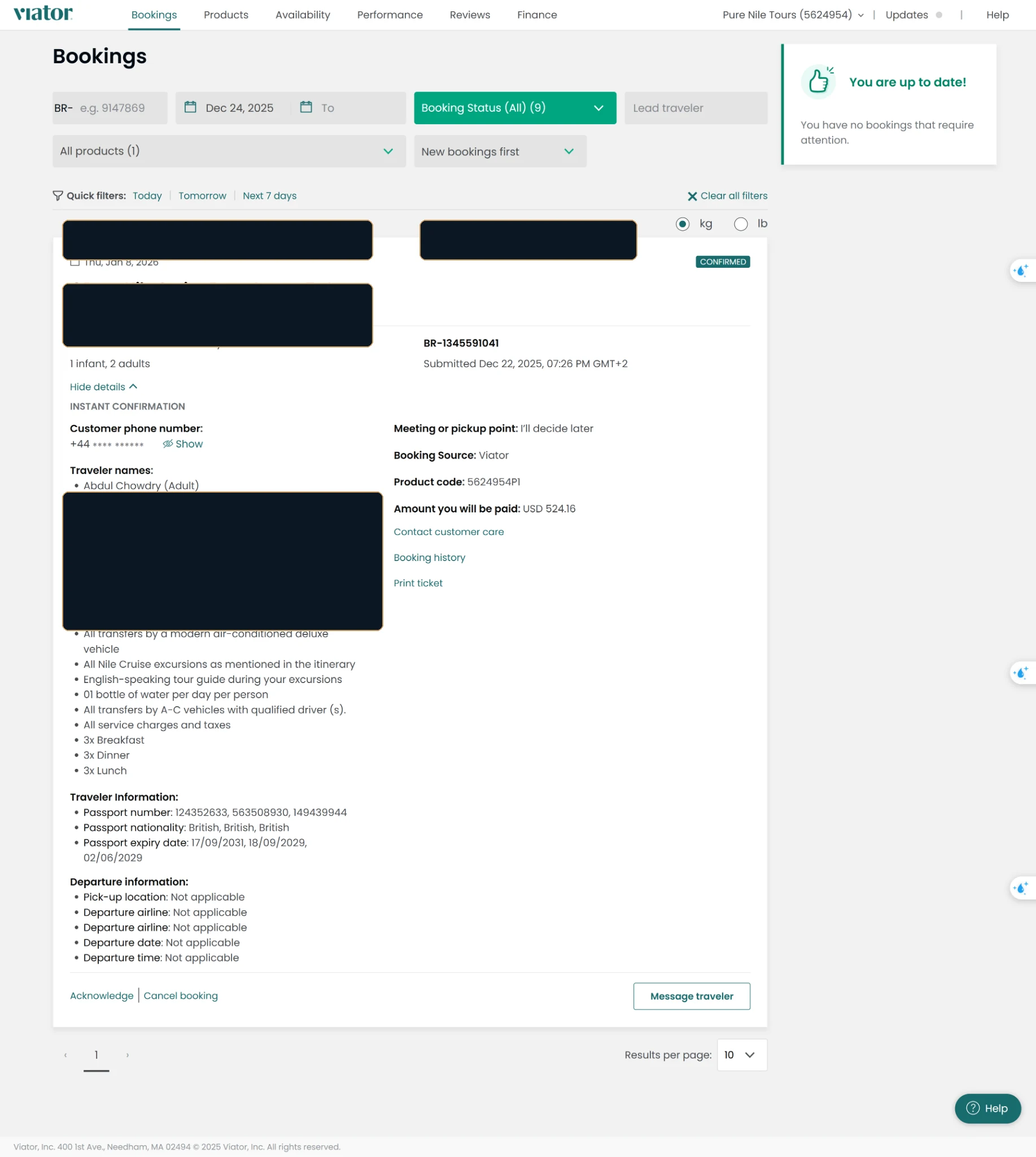 Pure Nile Tours supplier dashboard confirmed Viator booking with personal data redacted
